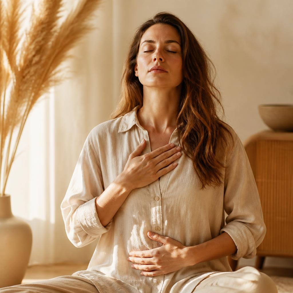 Femme assise en tailleur, une main sur le cœur et une sur le ventre, respirant calmement dans une lumière dorée