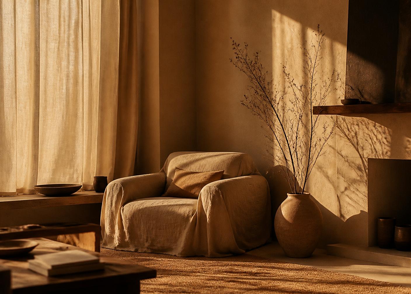 Intérieur chaleureux baigné de lumière dorée