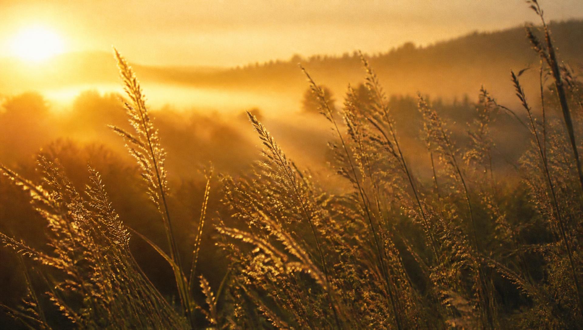 Herbes hautes traversées par la lumière dorée du matin